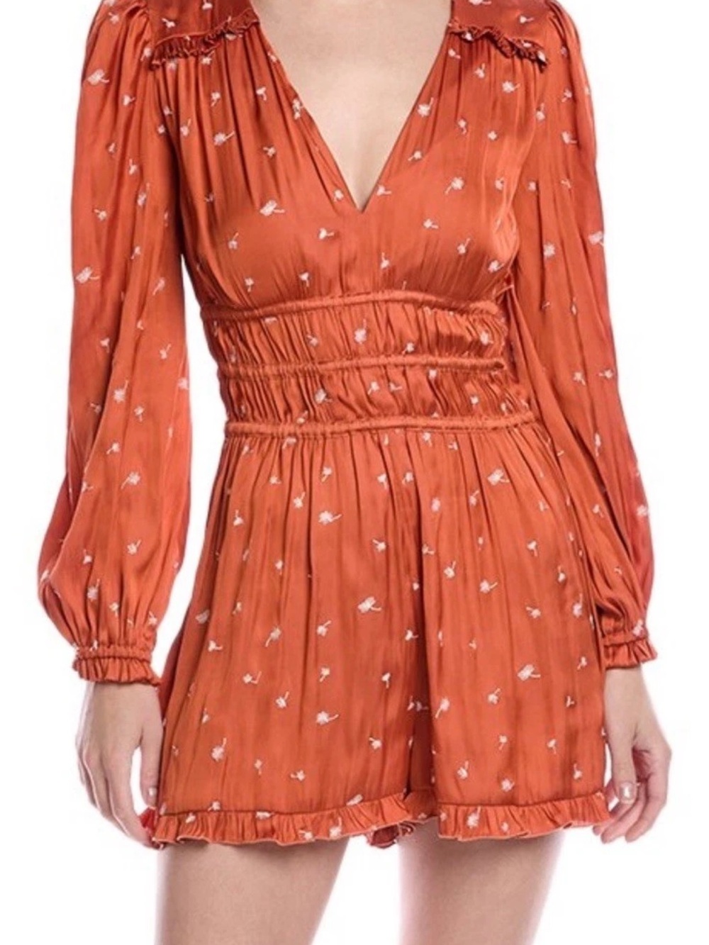 NWT Maje Rust Floral Satin V-Neck Smocked Romper Sz 4/6 UK 38 so cute! 385$ NWT